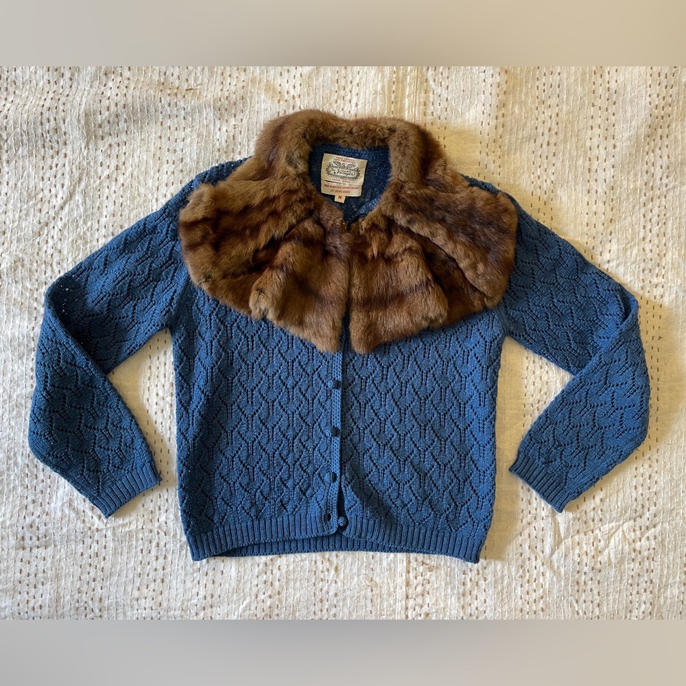 Vintage The Villager wool hand knit cardigan with real fur collar
